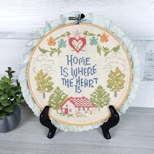 Vintage Handmade Cross Stitch Cottagecore Wall Hanging Art